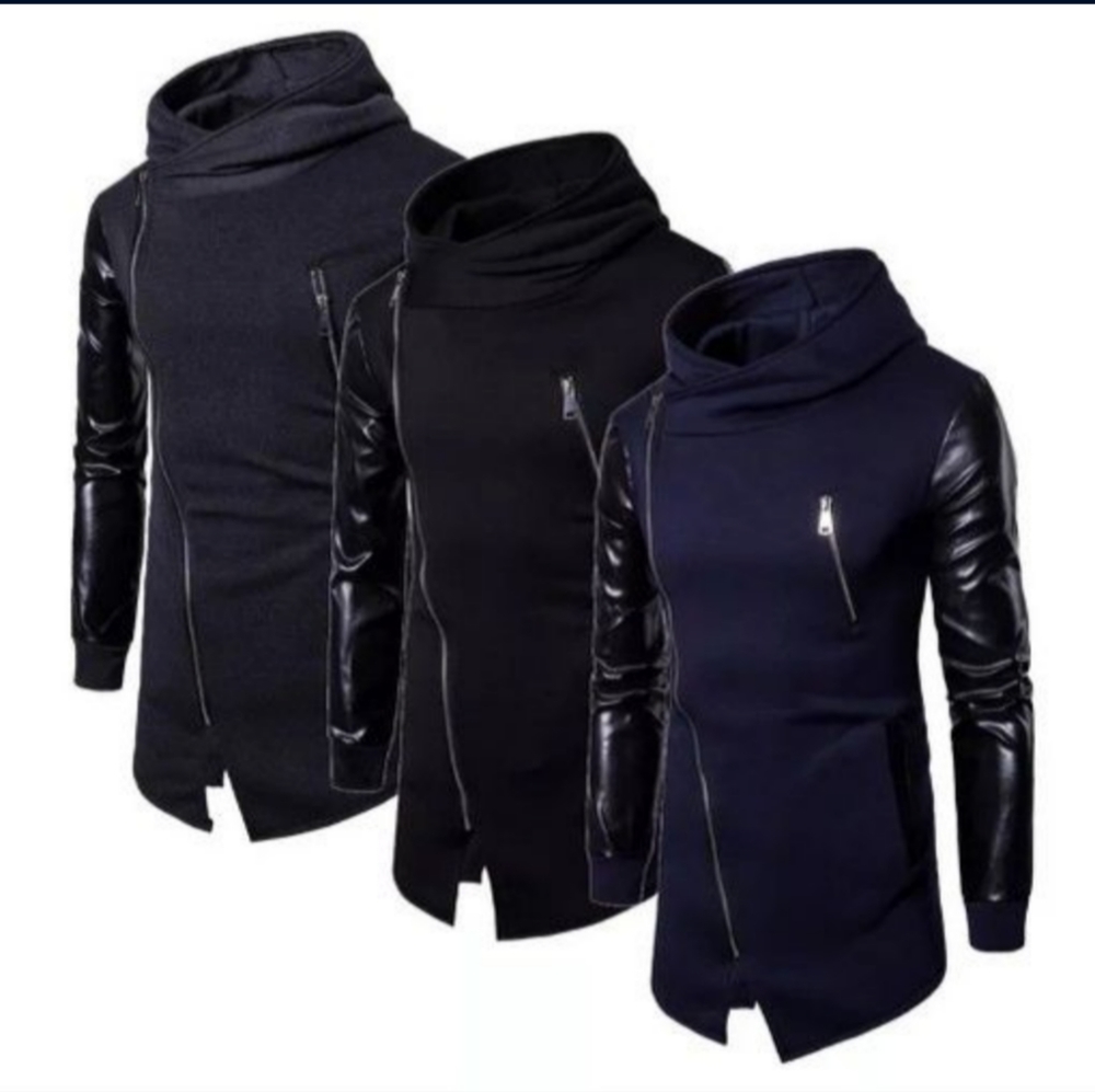 Faux Leather Sleeve Zip Hooded Sweatshirt 3 pack Small Black, Navy&Charcoal Gray